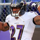 Running back Ray Rice, then of the Baltimore Ravens, is introduced before an NFL preseason game against the San Francisco 49ers at M&T Bank Stadium in Baltimore Aug. 7, 2014.
Rob Carr/Getty Images